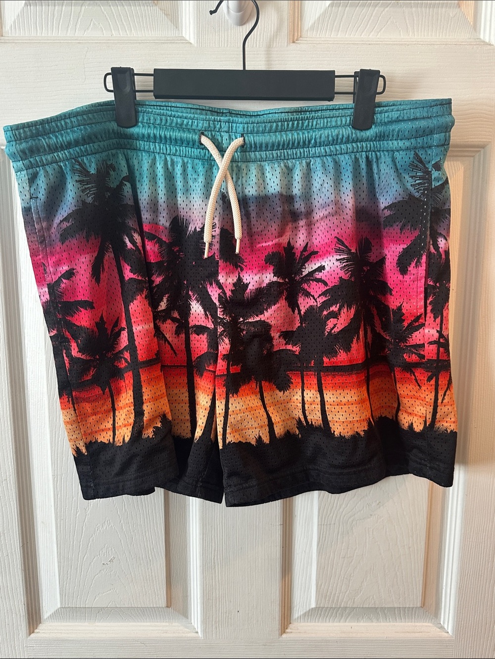 Tropical Palm Sunset Athletic Shorts - Teal & Pink